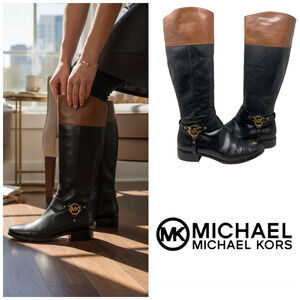 Michael Kors Leather Riding Equestrian Knee Boots AA13G Black & Tan Sz 10 READ
